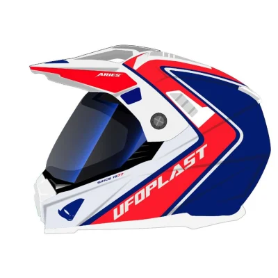 Kask cross/enduro Aries biały/czerwony/niebieski S z szybą daszkiem z blendą przeciwsłoneczną ECE 22R06 - UFO Kask cross/enduro Aries biały/czerwony/niebieski S z szybą daszkiem z blendą przeciwsłoneczną ECE 22R06 - UFO