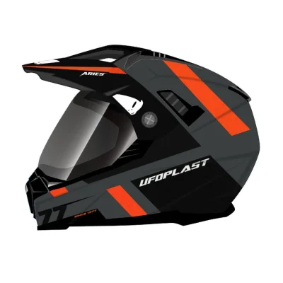Kask cross/enduro Aries czarny/szary/czerwony fluo M z szybą daszkiem z blendą przeciwsłoneczną ECE 22R06 - UFO Kask cross/enduro Aries czarny/szary/czerwony fluo M z szybą daszkiem z blendą przeciwsłoneczną ECE 22R06 - UFO