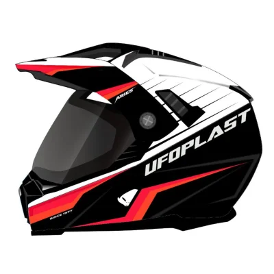 Kask cross/enduro Aries czarny/biały/czerwony fluo M z szybą daszkiem z blendą przeciwsłoneczną ECE 22R06 - UFO Kask cross/enduro Aries czarny/biały/czerwony fluo M z szybą daszkiem z blendą przeciwsłoneczną ECE 22R06 - UFO