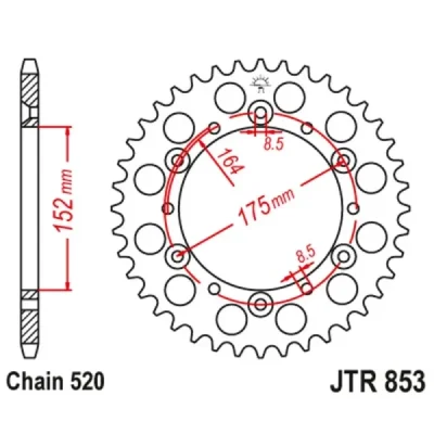 Zębatka tylna stalowa JT R853-45, 45Z, rozmiar 520 Zębatka tylna stalowa JT R853-45, 45Z, rozmiar 520