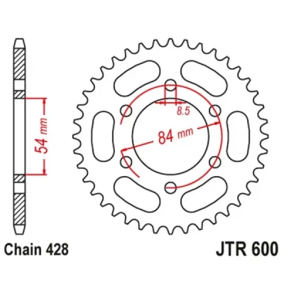 Zębatka tył stalowa JT , 52z rozmiar 428 (JTR600.52) Zębatka tył stalowa JT , 52z rozmiar 428 (JTR600.52)