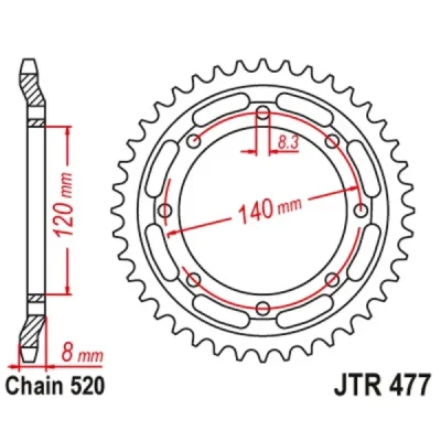 Zębatka tył stalowa JT , 43z rozmiar 520 (JTR477.43) Zębatka tył stalowa JT , 43z rozmiar 520 (JTR477.43)