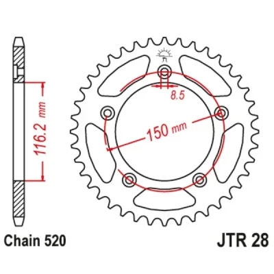 Zębatka tył stalowa JT , 42z rozmiar 520 (JTR28.42) Zębatka tył stalowa JT , 42z rozmiar 520 (JTR28.42)