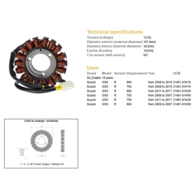 Stator DZE Suzuki GSX 600R 750R 08-17 (13008-01) Stator DZE Suzuki GSX 600R 750R 08-17 (13008-01)