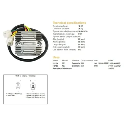 Regulator napięcia DZE Honda NX 650 Dominator 95-99, 02 (31600-MAN-621) (12V/35A) - 2547-01 Regulator napięcia DZE Honda NX 650 Dominator 95-99, 02 (31600-MAN-621) (12V/35A) - 2547-01