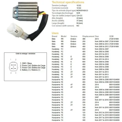 DZE regulator napięcia KTM/Husqvarna/Beta 125-650 '98-'19 (80011034000 / SH721AA) DZE regulator napięcia KTM/Husqvarna/Beta 125-650 '98-'19 (80011034000 / SH721AA)