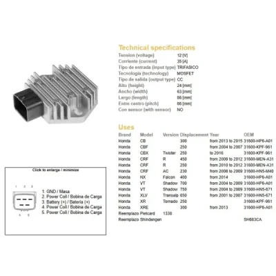 Regulator napięcia Honda CB/CBF/CRF/VT/XL 250-750 DZE Regulator napięcia Honda CB/CBF/CRF/VT/XL 250-750 DZE