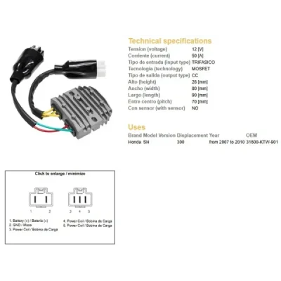 Dze Regulator Napięcia Honda Sh 300 '07-'10 (Oem 31600-Ktw-901) Mosfet (50A)