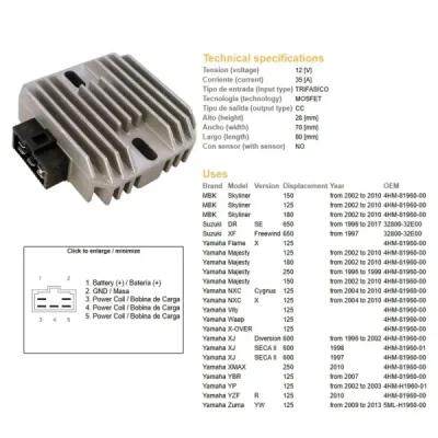 DZE regulator napięcia Suzuki DR 650SE Yamaha Majesty Xmax YBR YZF 125R ’96-’17 (12V/35A) DZE regulator napięcia Suzuki DR 650SE Yamaha Majesty Xmax YBR YZF 125R ’96-’17 (12V/35A)