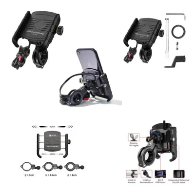 Uchwyt na telefon z ładowarką USB 3.0 na kierownicę/lusterko R9-Metal USB QC - Biketec