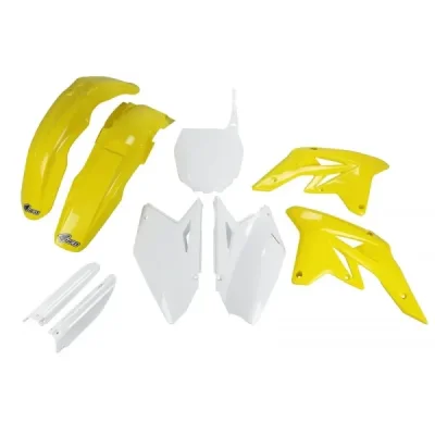 Komplet plastików z osłonami Suzuki RMZ 250 OEM biały/żółty UFO Komplet plastików z osłonami Suzuki RMZ 250 OEM biały/żółty UFO