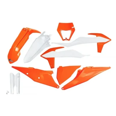 UFO Komplet plastików z osłonami teleskopów KTM EXC 125/250/300/350/450/500 biały/pomarańczowy