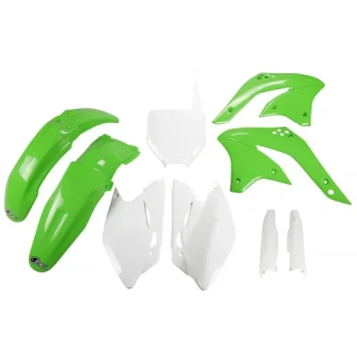 UFO KOMPLET PLASTIKÓW (FULL KIT) Z OSŁONAMI TELESKOPÓW (AMORTYZATORÓW) KAWASAKI KXF 450 '08 OEM (ZIELONY/ BIAŁY) (KA211E999)