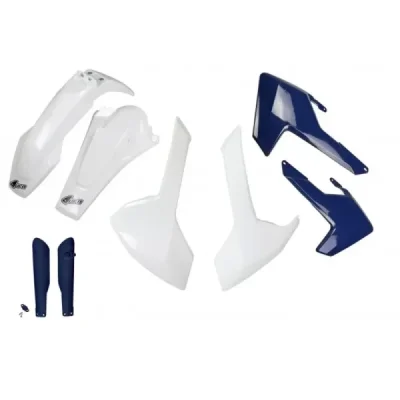 Komplet plastików z osłonami Husqvarna TE/TX/FE OEM biały/niebieski UFO Komplet plastików z osłonami Husqvarna TE/TX/FE OEM biały/niebieski UFO