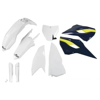 UFO KOMPLET PLASTIKÓW (FULL KIT) Z OSŁONAMI TELESKOPÓW (AMORTYZATORÓW) HUSQVARNA TC 250 '16, OEM (BIAŁY/NIEBIESKI) (HU617E999)