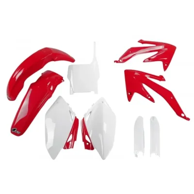 UFO KOMPLET PLASTIKÓW (FULL KIT) Z OSŁONAMI TELESKOPÓW (AMORTYZATORÓW) HONDA CRF 450 R '07 OEM (CZERWONY/BIAŁY) (HO110E999)