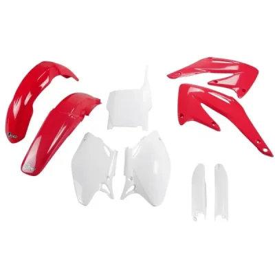 UFO KOMPLET PLASTIKÓW (FULL KIT) Z OSŁONAMI TELESKOPÓW (AMORTYZATORÓW) HONDA CRF 450 R '04 OEM (CZERWONY/BIAŁY) (HO107E999)