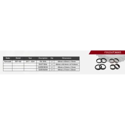 Zestaw naprawczy amortyzatora przedniego KXF 450 '17-'24 49mm uszczelniacze olejowe x2 pyłowe x2 panewki x4 - SHOWA Zestaw naprawczy amortyzatora przedniego KXF 450 '17-'24 49mm uszczelniacze olejowe x2 pyłowe x2 panewki x4 - SHOWA