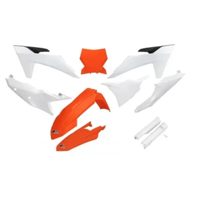Komplet plastików z osłonami KTM SX/SX-F TBI OEM biały/pomarańczowy UFO Komplet plastików z osłonami KTM SX/SX-F TBI OEM biały/pomarańczowy UFO