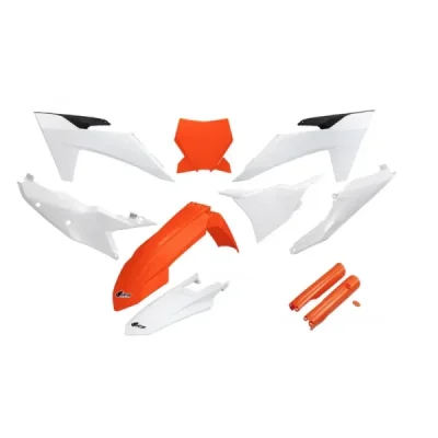 Komplet plastików z osłonami KTM SX/SX-F TBI OEM pomarańczowy/biały UFO Komplet plastików z osłonami KTM SX/SX-F TBI OEM pomarańczowy/biały UFO
