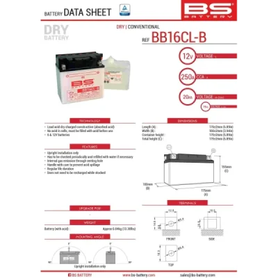 Akumulator standardowy BS Battery BB16CL-B YB16CL-B 12V 19Ah (310579)