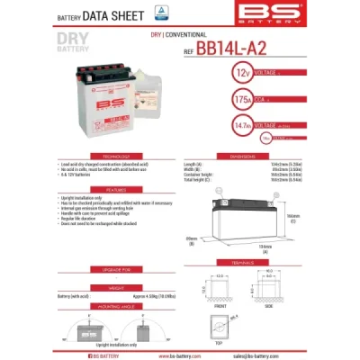 Akumulator standardowy BS Battery BB14L-A2 YB14L-A2 12V 14Ah (310569) Akumulator standardowy BS Battery BB14L-A2 YB14L-A2 12V 14Ah (310569)