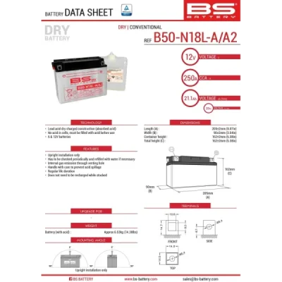 Akumulator standardowy BS Battery B50-N18L-A/A2 Y50-N18L-A/A212V 20Ah - B50-N18L-A/A2