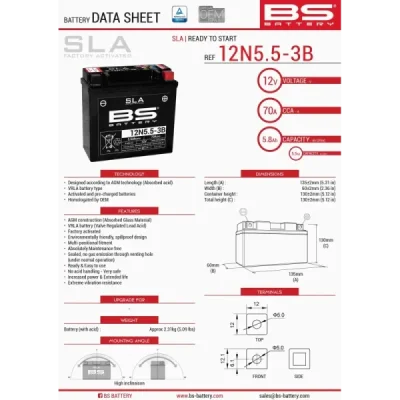 Akumulator bezobsługowy BS Battery 12N5.5-3B 12V 5.5Ah - 12N5,5-3B