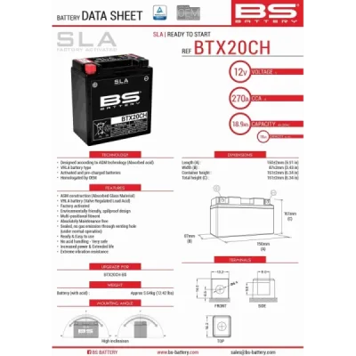 Akumulator bezobsługowy BS Battery BTX20CH YTX20CH 12V 18Ah (300766)