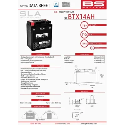 Akumulator bezobsługowy BS Battery BTX14AH YTX14AH 12V 12Ah (300758)