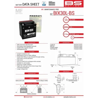 Akumulator bezobsługowy BS Battery BIX30L-BS 12V 30Ah (300753) Akumulator bezobsługowy BS Battery BIX30L-BS 12V 30Ah (300753)