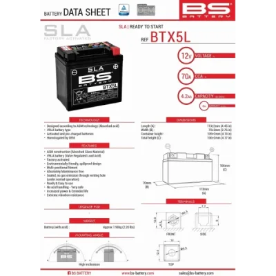 Akumulator bezobsługowy BS Battery BTX5L YTX5L 12V 4Ah (300670) Akumulator bezobsługowy BS Battery BTX5L YTX5L 12V 4Ah (300670)