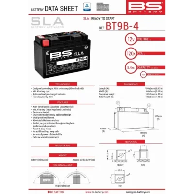Akumulator bezobsługowy BS Battery BT9B-4 YT9B-4 12V 8Ah (300642) Akumulator bezobsługowy BS Battery BT9B-4 YT9B-4 12V 8Ah (300642)