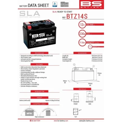 Akumulator bezobsługowy BS Battery BTZ14S YTZ14S 12V 11,2Ah (300638-1)