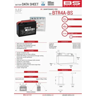 Akumulator bezobsługowy BS Battery BTR4A-BS YTR4A-BS 12V 2,3Ah (300624)