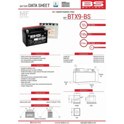 Akumulator bezobsługowy BS Battery BTX9-BS YTX9-BS 12V 8Ah (300621)