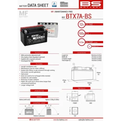Akumulator bezobsługowy BS Battery BTX7A-BS YTX7A-BS 12V 6Ah (300619)