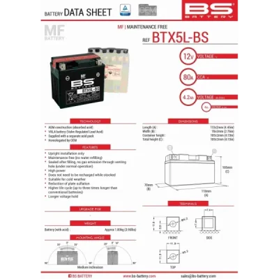 Akumulator bezobsługowy BS Battery BTX5L-BS YTX5L-BS 12V 4Ah (300618)