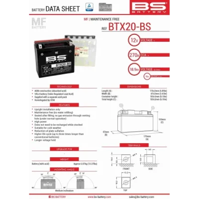 Akumulator bezobsługowy BS Battery BTX20-BS YTX20-BS 12V 18Ah (300611)