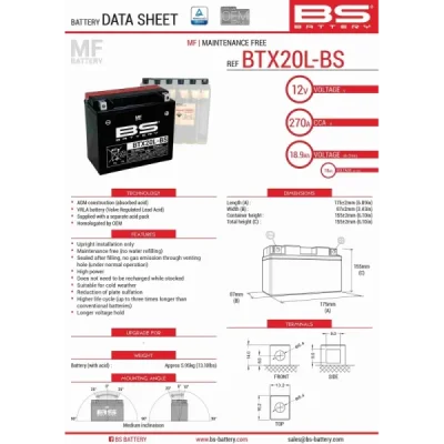 Akumulator bezobsługowy BS Battery BTX20L-BS YTX20L-BS 12V 18Ah (300610) Akumulator bezobsługowy BS Battery BTX20L-BS YTX20L-BS 12V 18Ah (300610)