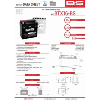 Akumulator bezobsługowy BS Battery BTX16-BS YTX16-BS 12V 14Ah (300609)