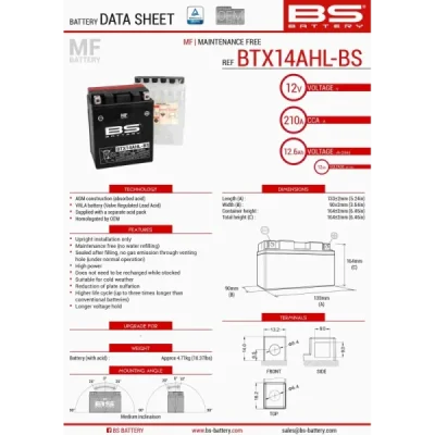 Akumulator bezobsługowy BS Battery BTX14AHL-BS YTX14AHL-BS 12V 12Ah (300607) Akumulator bezobsługowy BS Battery BTX14AHL-BS YTX14AHL-BS 12V 12Ah (300607)