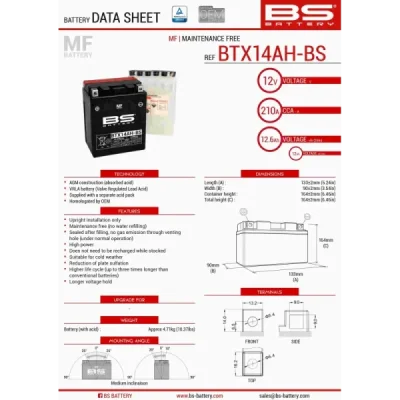 Akumulator bezobsługowy BS Battery BTX14AH-BS YTX14AH-BS 12V 12Ah (300606)