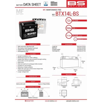 Akumulator bezobsługowy BS Battery BTX14L-BS YTX14L-BS 12V 12Ah (300605) Akumulator bezobsługowy BS Battery BTX14L-BS YTX14L-BS 12V 12Ah (300605)