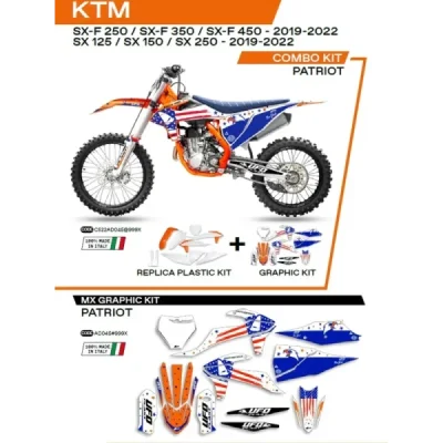 Komplet plastików i oklein UFO Patriot KTM SX SXF 125 150 250 350 450 19-22 biały niebieski OEM (C522AD045999X)