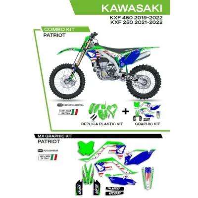 Komplet plastików i oklein UFO Patriot Kawasaki KXF 250 21-22 KXF 450 19-22 zielony niebieski OEM (C227AD044999A)